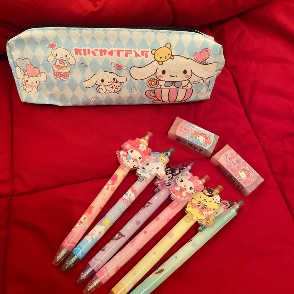 Sanrio pencil case 6 pens and 2 erasers bundle set